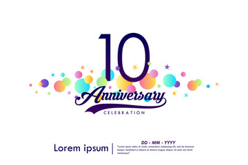 10th years anniversary celebration emblem. elegant anniversary logo isolated with ribbon and colorful circles and stars on white background. vector illustration template design