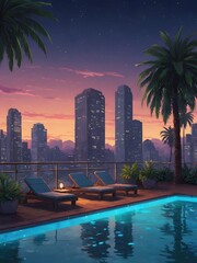 Obraz premium Urban Oasis at Twilight – Anime-Style City Rooftop Pool Wallpaper