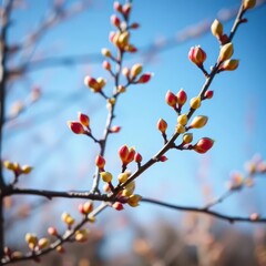 Fototapeta premium Tiny, vibrant buds unfurl on branches against a brilliant azure sky, awakening, delicate