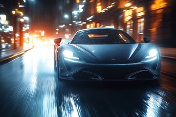 Sleek sports car speeding through rain-slick city streets at night. (1)