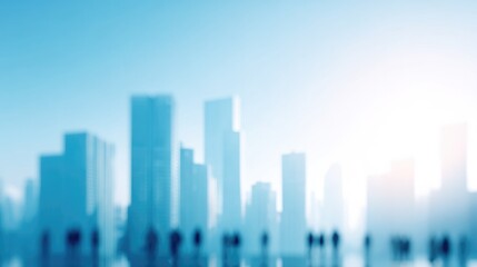 Obraz premium frame cityscape with towering skyscrapers against clear blue sky with blurred silhouettes of people beneath creating
