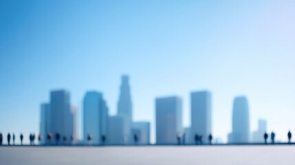 Fototapeta premium frame cityscape with towering skyscrapers against clear blue sky with blurred silhouettes of people beneath creating