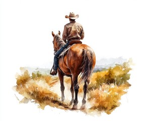 Cowboy riding horse in nature watercolor art countryside landscape outdoor view western concept isolate on white background - obrazy, fototapety, plakaty