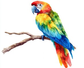 Obraz premium Macaw parrot perched on branch tropical rainforest watercolor art colorful close-up view wildlife concept isolate on white background