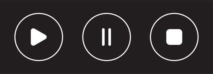 Play button icon. Play, pause, Next and previous symbols. Black and White Play button icon on white background. Vector illustration.