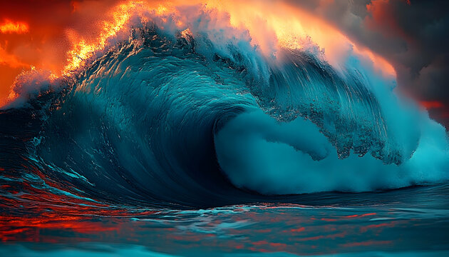 Dramatic ocean wave crashing at sunset, teal and orange hues, powerful nature scene.