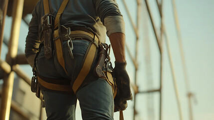 A construction worker applying safety harness on a building site. Featuring care and responsibility