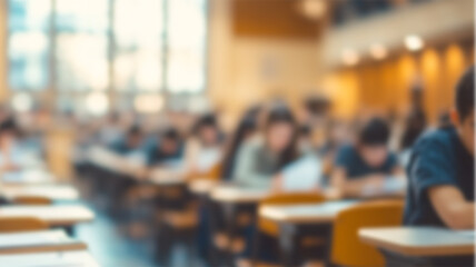 Blurred abstract background of university students in uniform attending examination in a classroom.Blur side view of college people having exams in class room on seat rows. Ai Generated Images