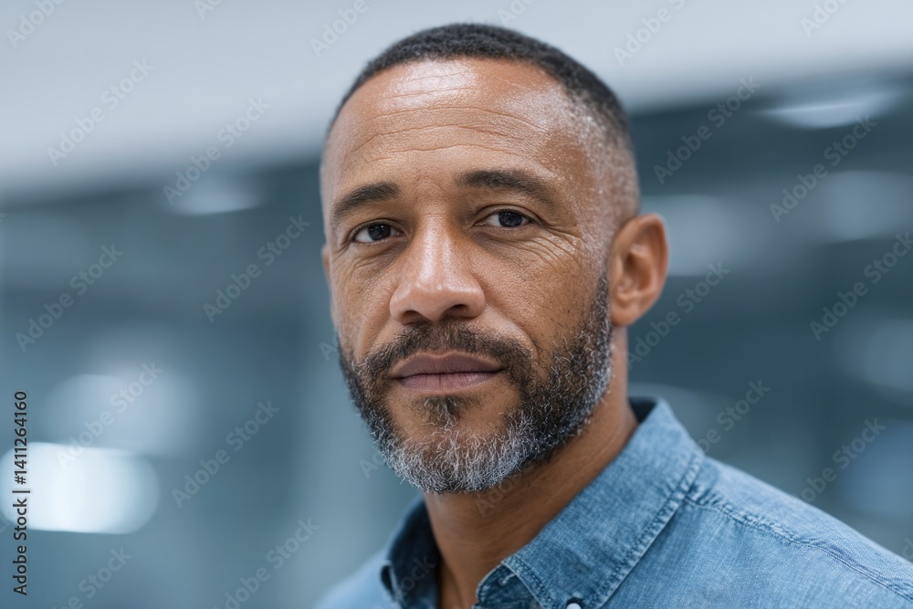 Poster portrait of professional in office setting blurred background minimalistic composition with ample co