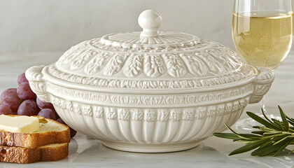 Elegant ivory ceramic serving bowl with intricate embossed details, perfect for a formal dinner setting.  A sophisticated addition to any table.