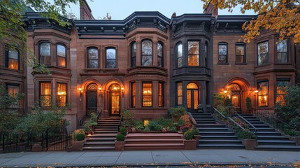 Elegant Brownstone Row Houses at Dusk