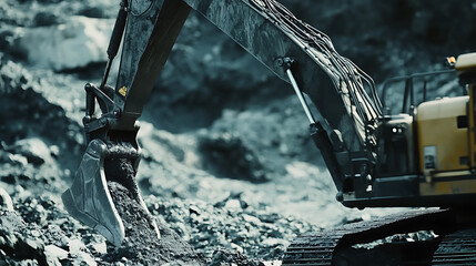 Excavator operator using a mechanical arm to extract minerals from the earth. Featuring precision and operation