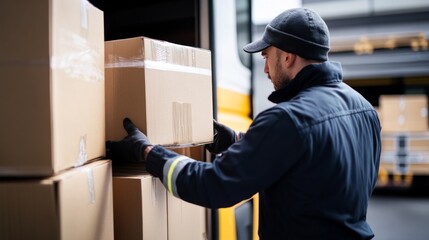 A delivery driver unloading packages from a truck. Featuring efficiency and organization