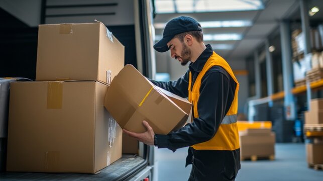 A delivery driver unloading packages from a truck. Featuring efficiency and responsibility
