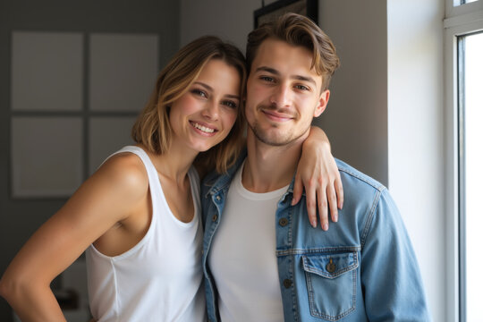 A happy couple smiling warmly, standing close together in a modern indoor setting.
