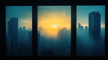 Sunrise over foggy cityscape viewed from a window.