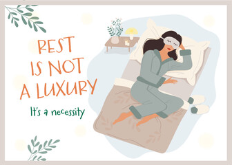 Vector postcard with a girl sleeping in bed with a mask and cozy blanket. Flat style. Perfect for self care, relaxation, bedtime and wellness themed designs