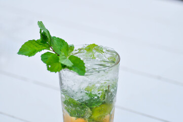 Mojito or cocktail ,mocktail or lime juice or lemon juice, lemon soda or tonic or soda and peppermint leaf