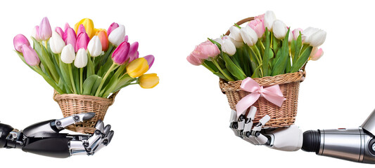 Robotic hands presenting vibrant tulip bouquets in decorative baskets.