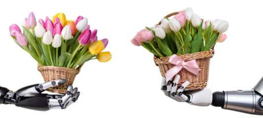 Robotic hands presenting vibrant tulip bouquets in decorative baskets.