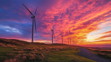 Wind turbines at sunset over rolling hills
