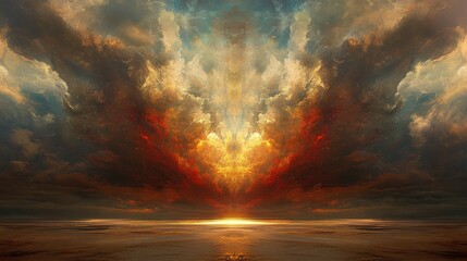 Naklejka premium Fiery Sunset Sky, Symmetrical Clouds