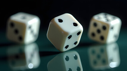 Macro shot of spinning dice with motion blur, balanced on glass edge. Studio lighting highlights glossy surfaces and crisp edges in ultra-HD detail.