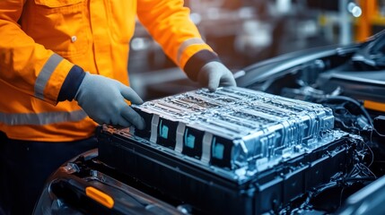 Technician inspecting electric vehicle battery pack during maintenance.