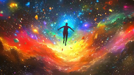 Naklejka premium Cosmic Flight of a Soul in a Colorful Galaxy