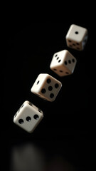 Three dice frozen mid-air in diagonal line, different numbers visible. Black background with side lighting shows perfect trajectory in HD detail.