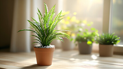 Fototapeta premium Serene houseplant in terracotta pot on wooden windowsill, bathed in sunlight. Other plants blurred in background.
