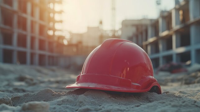 Sunlit Construction Site with Red Hard Hat. Industrious Work, Protective Gear, and Dedication to Project. Construction Site in Progress.
