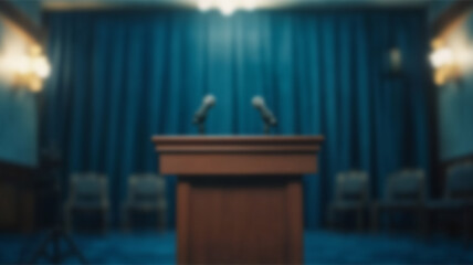 A wooden podium and microphones are set up in a formal room awaiting a speaker. Ai Generated Images