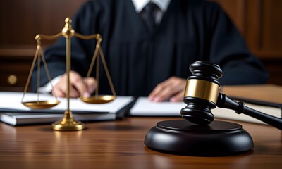 A judge working at their desk with law symbols around.