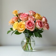 Fototapeta premium Mixed pink & yellow rose bouquet in simple vase , flowers, image, yellow