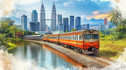 Obraz premium Passenger train runs along a river with city skyline backdrop