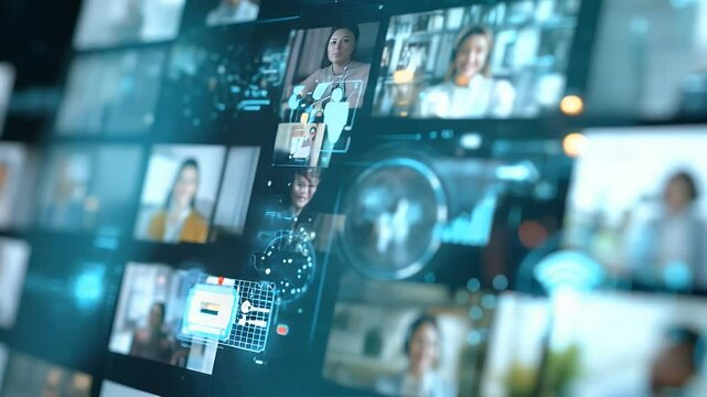 A digital mosaic of diverse people in online calls with tech-graphics overlay, connecting globally in a virtual space - Powered by Adobe