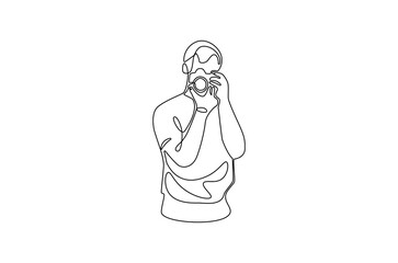 Continuous one line drawing of Young man taking photo with camera. Single line drawing illustration of Young man photographer. Photography concept vector art. Doodle line illustration.