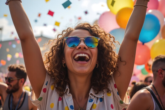A woman with curly hair and sunglasses joyfully raises her arms amidst falling confetti and colorful balloons at a lively outdoor event.