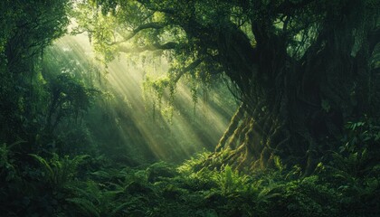 Fototapeta premium Sunlit serenity: Mystical forest atmosphere with beams illuminating lush greenery