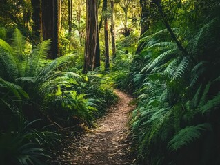 Obraz premium Serene path winding through a lush, fern-filled forest landscape scenery