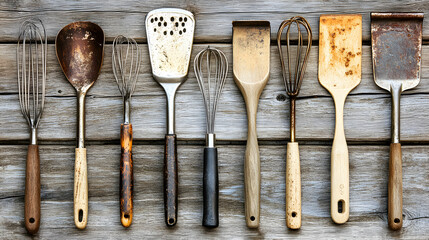 Rustic kitchen utensils, vintage cooking tools arranged on weathered wood.  Perfect for culinary blogs, recipe websites or vintage kitchenware advertising.