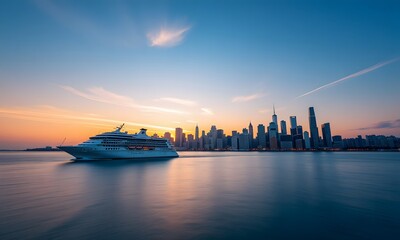 Fototapeta premium A large cruise ship in front of a skyline at sunset.