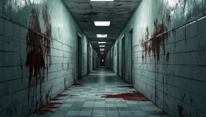 Eerily bloodstained tiled corridor evokes chilling dread and unease in silent darkness