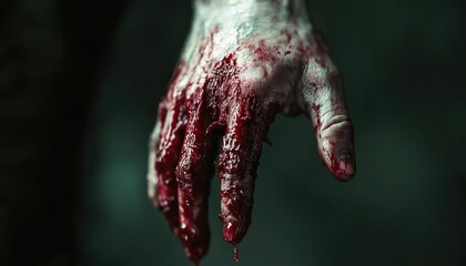 Bloodied hand evoking horror and suspense in dramatic dark setting atmosphere