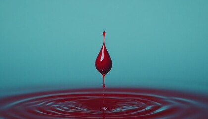 Suspended crimson drop creating ripples in a serene aqua fluid surface