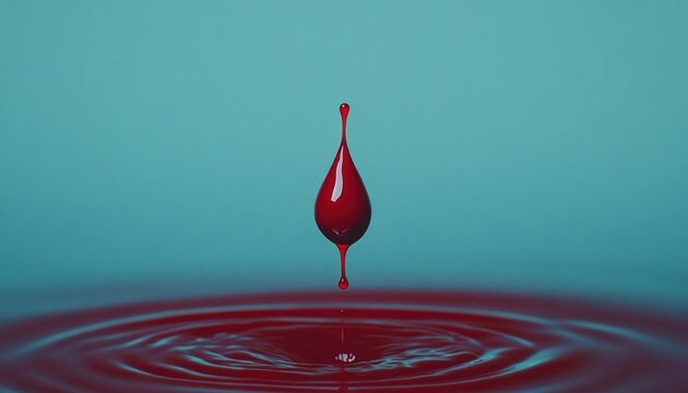 Suspended crimson drop creating ripples in a serene aqua fluid surface