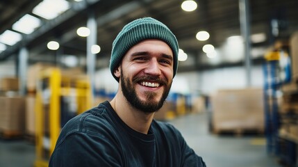 Fototapeta premium Young Male Warehouse Worker in Beanie Smiles Confidently in Modern Warehouse. Portrait of a Diverse Workforce.