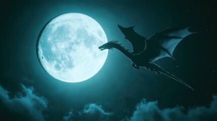 Dragon soars through a night sky, majestic moon