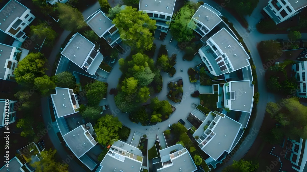 Aufkleber 緑豊かな都市の円形住宅群の俯瞰図 緑の木々とモダンな建築デザインが調和した美しい都市景観